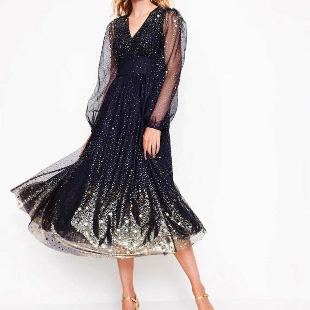 Boden Christina Tulle Elegant Black and Gold Women's dress stars size 6R